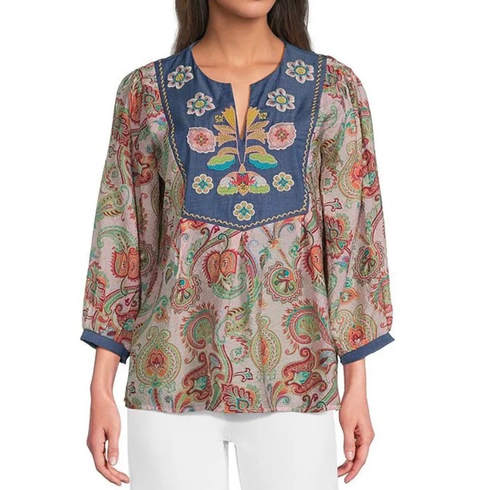 Caleoaa Pink Paisley Floral Embroidered Boho Peasant Blouse Split V-Neck Medium
